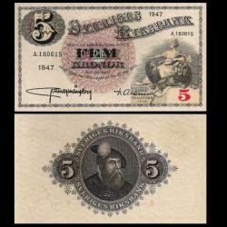 SUEDE - Billet de 5 Kronor - Svea / Roi Gustav Vasa - 1947