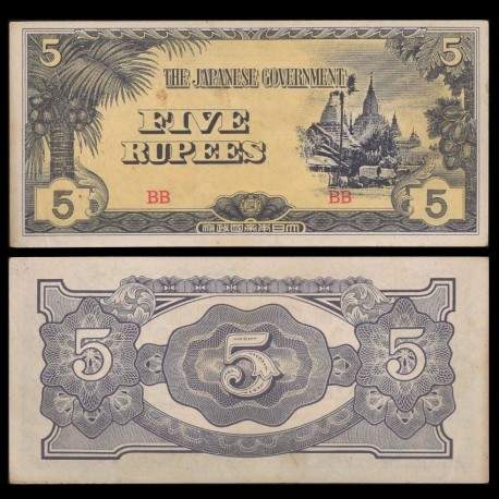 BIRMANIE (Gouvernement Japonais) - Billet de 5 Rupees - Le temple de l'Ananda -