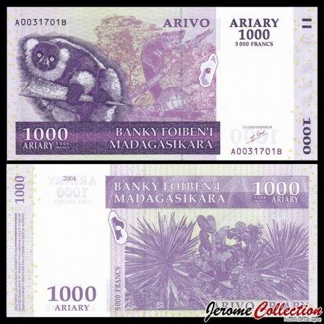 MADAGASCAR - Billet de 1000 Ariary / 5000 Francs - Lémurien Varecia variegata -